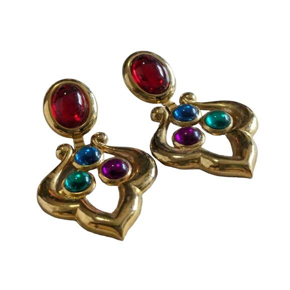 Vtg Gold Tone Gripoix Cabochon Drop Earrings purple green blue Red Colorful 80s - Picture 5 of 8